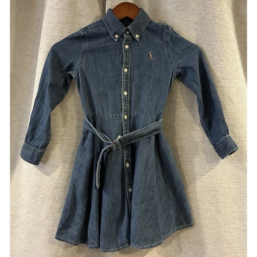 Ralph Lauren Girls Belted Cotton Denim Shirtdress Indigo Blue Size 6